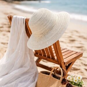 Sun Hat White Crochet Straw Bucket Hat Beach Resort Summer Vacation